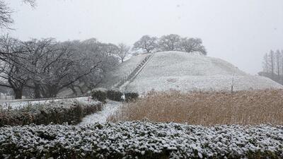 雪が降る中の丸墓山古墳の写真（5日14時ごろ）。